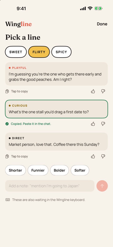 Pick a line screen with playful, curious and direct suggestions