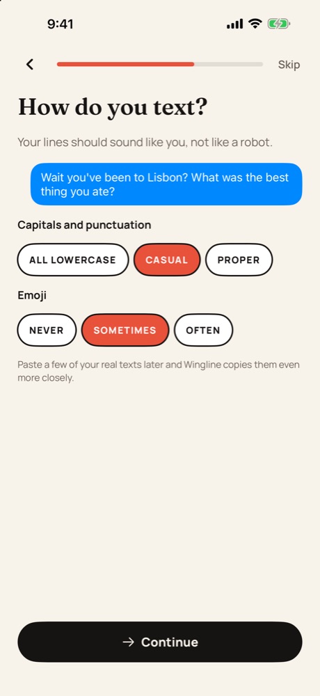 Onboarding screen choosing texting style with a live preview bubble